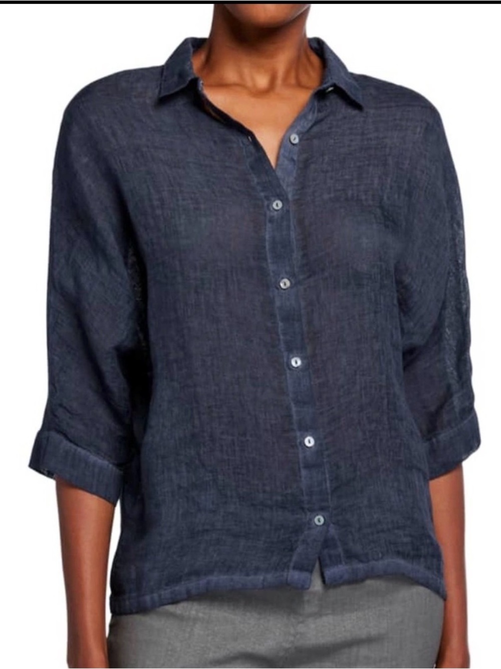 120% Lino Navy Linen Button Down TopSize M